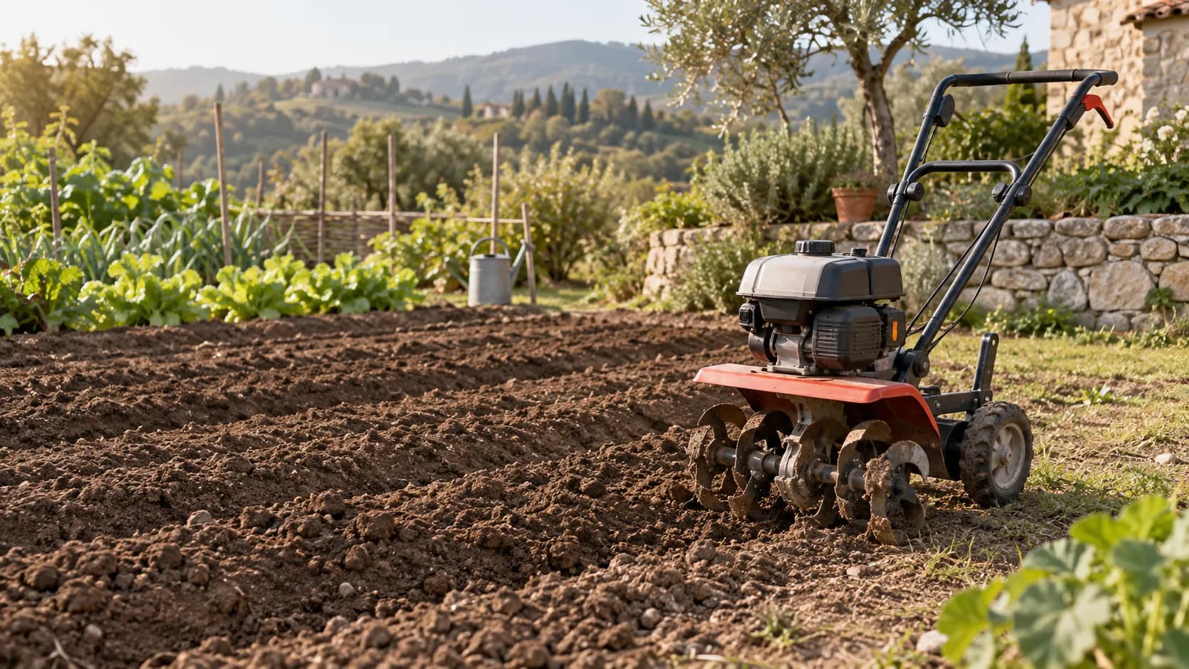 Motobineuse à l’arrêt au bord d’un potager préparé